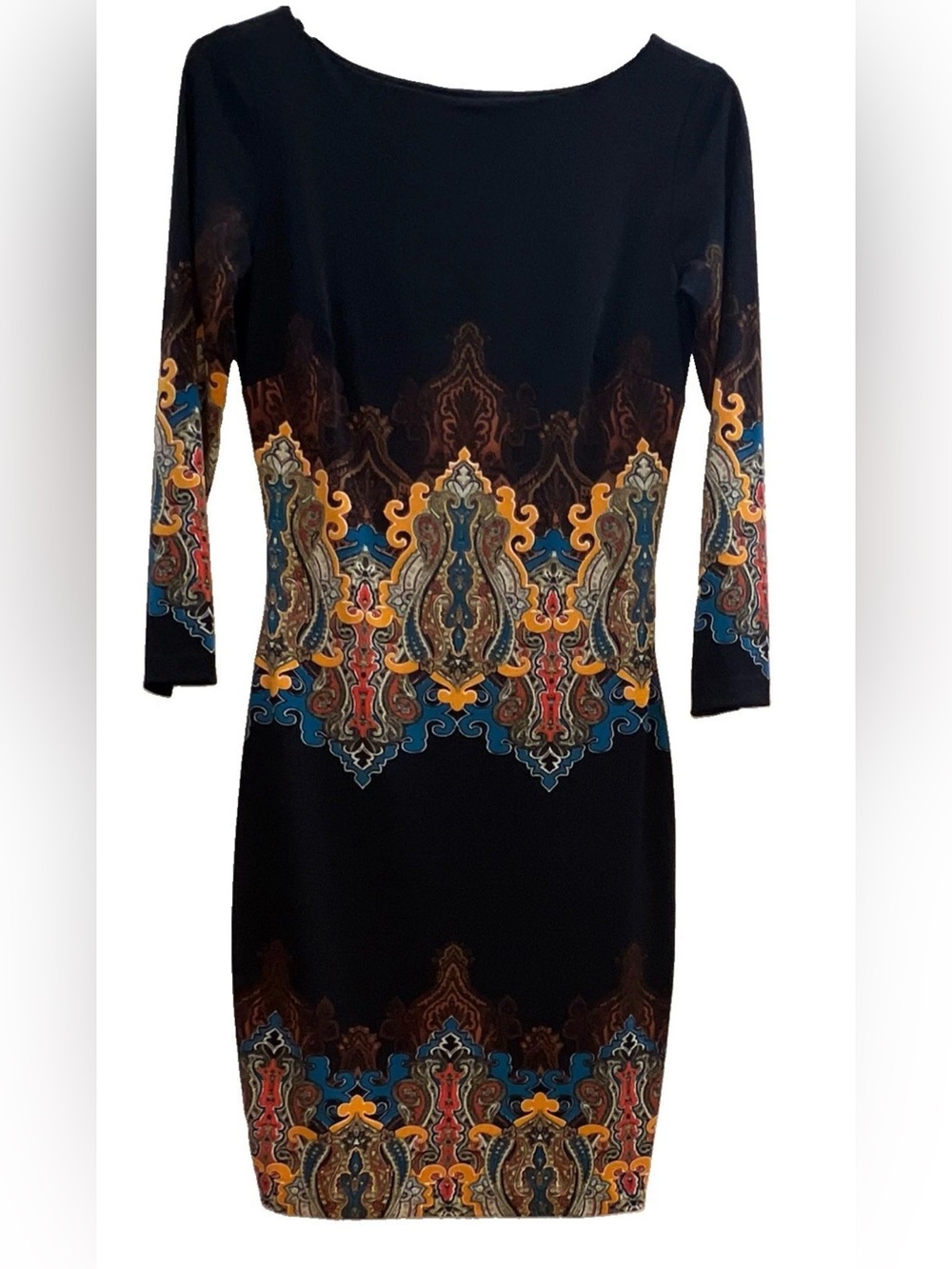 Black Paisley-Print Sheath Dress - Classic Elegant Style 3/4 sleeves XS